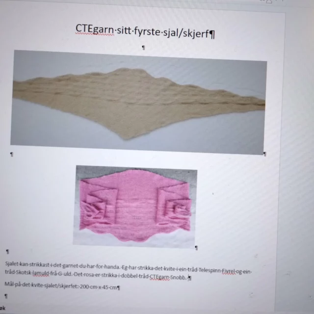 Eg har forsøkt meg på å laga eit mønster. Eit slags sjal/skjerf for det er det eg sjølv brukar mest. Bør det skaffast nokre test-strikkarar før eg legg det ut for sal?
Og i så fall, er det nokre der ute som kunne tenka seg å testa det?